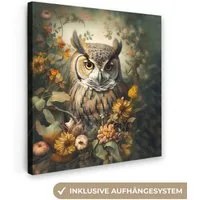 OneMillionCanvasses® Leinwandbild Eule - Vögel - Blumen - Natur, Fotodruck (1 St), Wandbild, Deko Schlafzimmer Wohnzimmer Flur 20x20 cm