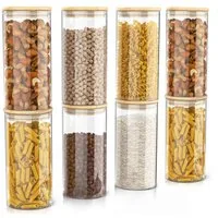 Arendo Aufbewahrungsbecher Glasbehälter-Set 8x 1,5 L Borosilikatglas mit Bambusdeckel, luftdicht, Borosilikatglas, Bambus, Silikon, (Vorratsbehälter-Set, 8-tlg., 8er Set), Hitzebeständig, umweltfreundlich, langlebig, mikrowellengeeignet