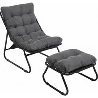 LVHOM Loungesessel mit Hocker, wasserdichtem Stahlrahmen, ergonomisch, für In-/Outdoor (Relaxsessel, bequeme Sitzfläche, Hocker als temporärer Sitz/Schuhwechselbank, rutschfestes Design, rostfreier Metallrahmen, Tragfähigkeit 130 kg), für Garten, Bal