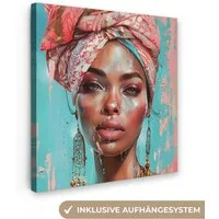 OneMillionCanvasses® Leinwandbild Frau - Porträt - Blau - Rosa - Modern, Fotodruck (1 St), Wandbild, Deko Schlafzimmer Wohnzimmer Flur 20x20 cm