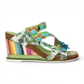 Laura Vita Damen Balade 32 Vert Grün Blumenmuster Leder Keil Espadrille Sandalen