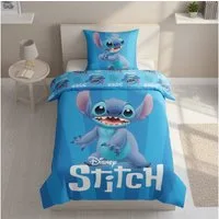 MTOnlinehandel Kinderbettwäsche Disney Lilo & Stitch „Dance“ 135x200 + 80x80 cm in Renforcé, 100% Baumwolle, 2 teilig, Kräftige Blautöne und modernes Stitch Design – weich und pflegeleicht