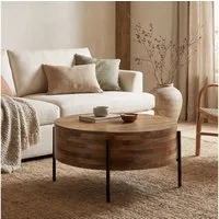 FINEBUY Couchtisch FB117907 Sofatisch Massivholz Rund 70cm Wohnzimmertisch Beistelltisch (Stabiler Sofatisch mit dunklen Metallbeinen), Pflegeleichte Oberfläche aus echtem Mangoholz