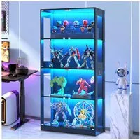 VOWNER Glasvitrine mit 3-Farben-LED-Beleuchtung, Vitrine für Spielzeug/Bücher/Deko (1-St) 360°-Sicht, Explosionssichere Tür, 4 Regale, 80x165x35 cm