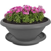 matches21 HOME & HOBBY Blumentopf Pflanzkübel mit Untersetzer für aussen 30 cm Blumentopf grau (1 St), Wetterfeste Pflanzschale als runder Grabschmuck Blumenkübel