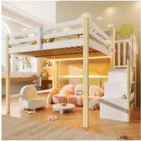 Merax Hochbett mit LED-Beleuchtung (1-St., Massivholz Jugendbett Einzelbett) Kinderbett 140x200cm mit Stauraumtreppe, Lagerregalen & Staufächern