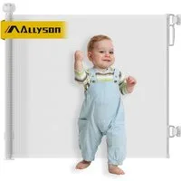 Allyson Treppenschutzgitter Türschutzgitter Ausziehbar, Tür & Treppengitter für Kinder & Haustiere (Inklusive Befestigungsmaterial für zwei unterschiedliche Positionen), Platzsparend ausziehbar bis 140cm, robustes PVC-Netz für Kind & Hund