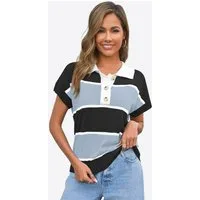 Imily Bela Kurzarmpullover Damen Gestreifter Kurzarm Strickpullover mit Knopfleiste (Packung, 1-tlg., 1per-Pack) mit V-Ausschnitt