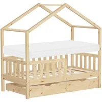 ML-DESIGN Spielbett Hausbett Kinderbett inkl. 2 Schubladen, Lattenrost und Rausfallschutz, Abenteuerbett 70x140cm mit Matratze Himmelbett Kiefer Jugendbett Natur