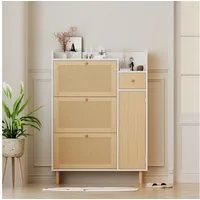 Merax Schuhschrank mit Rattandekor mit 3 Klappen, Tür und Schublade,Sideboard,Schuhkipper