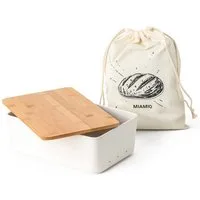 MiaMio Brotkasten mit Bambusdeckel, 32 x 20 x 11,5 cm, Weiß, Keramik, Deckel als Schneidebrett nutzbar