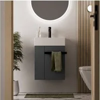 Bernstein Waschbeckenunterschrank COMPACT 450 Anthrazit matt REGAL rechts GRIFF Schwarz matt Waschtischunterschrank mit Waschbecken 1 Schublade & Regal