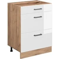 Vicco Unterschrank R-Line, Weiß Hochglanz/Eiche, 60cm mit Schubladen, ohne Arbeitsplatte (1-St)