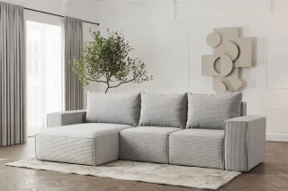 Ecksofa Designersofa ESTELLE in Stoff Poso Hellgrau Ottomane Links