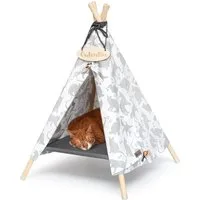 Outentin Tierbett Katzentipi und Hundehöhle mit Bett - Tipi-Zelt für Katze und Hund, 100% Baumwolle, Abnehmbares Bett, Beschriftbares Namensschild, Verstellbares Seil