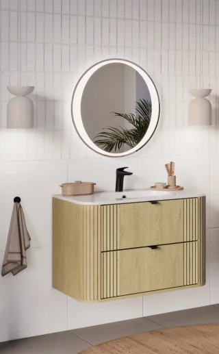 Badmöbel Set 2-tlg Badezimmerset WENDO Cremona Eiche Spiegel 60cm inkl. Wasch...
