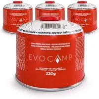 EVOCAMP Gaskartusche 230g mit Schraubventil, 7/16 Gewinde, Butan-Propan-Gas, Zubehör für Weber Grills Q100-1200-Serien, Campingkocher, Gasgrill, 4 St.
