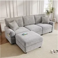 Flieks Sofa Ecksofa mit 1 Fußhocker, 1 USB-Anschluss und 1 Type-C-Anschluss, Maße: B223×H84×T146 cm, 3 Sitzer L-Form Couch mit 2 Kissen & Schlaffunktion, Chenille und Cord