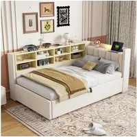 Celya Polsterbett Schlafsofa 90*200 cm, Mit Hydraulischem Stauraum (Multifunktionsbett, Samtstoff, Ohne Matratze, Mit Nachtlicht, USB- und Typ-C-Ladeanschluss), Mit Ablagen und Staufächern, Gepolstertes Kopfteil