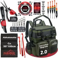 Paradox Fishing Angelrucksack 3-in-1 Multifunktions-Sitzkiepe mit 4 Boxen im Deckel (9-tlg), Zangenhalterung