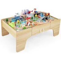COSTWAY Spielzeug-Eisenbahn Spieltisch aus Holz, (110-tlg), Kinder Eisenbahn-Set