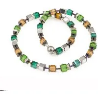 Bella Carina Perlenkette Kette mit Glas und Hämatit Würfeln grün-champagner, mit Glas und Hämatit Würfeln