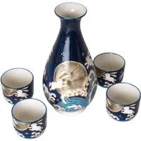 Dark-Desires Schnapsglas Japanisches Sake-Set „Mondkaninchen & Wellen5-teilig Porzellan