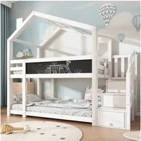 Flieks Etagenbett, Hochbett Hausbett mit Stauraumtreppe und Tafel Kiefer 90x200cm