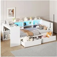 REDOM Stauraumbett Funktionsbett,Einzelbett,Kinderbett,Jugendbett (Holz-Plattformbett mit LED-Licht, Stauraum, Schubladen & Ladestation – Gepolstertes Kopfteil, modernes Design für Schlafzimmer, Jugendzimmer & Gästezimmer, 90x200), mit Ablageflächen,