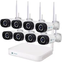 LUVISION Überwachungskamera K8508-W + PJ2151-W 8er (Außen- und Innenbereich, 8-tlg., WLAN Funk Überwachungssystem 8 x IP Überwachungskamera Set Mikrofon, Cloud, Audio, 10 Kanal NVR, Smarte farbige Nachtsicht)