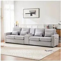 Merax 4-Sitzer mit Seitentaschen und Getränkehälter, XXL-Sofa mit USB,Chaiselounge,Polstermöbel mit Zierkissen