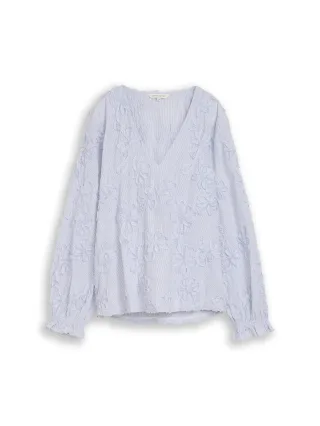 Tom Tailor - Bluse mit Blumen-Stickerei blue white flower tape - Gr. - 44