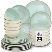 tectake Geschirr-Set Tafelservice (24-tlg), 6 Personen, Steingut, für 6 Personen, handgefertigt