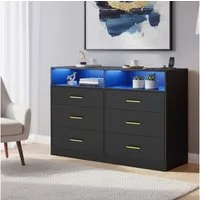 VASAGLE Kommode, Kommodenschrank mit LED-Beleuchtung und Steckdosenleiste, Sideboard