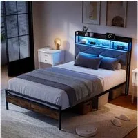 zebery Polsterbett Jugendbett mit LED-Beleuchtung, Metallbett mit USB&Type-C und Lattenrost,Einzelbett 90x200cm
