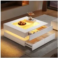 Merax Couchtisch hochglanz Sofatisch Beistelltisch mit LED-Beleuchtung (1-St), Wohnzimmertisch mit Glasplatte und 3 Schubladen, 70x70x35cm