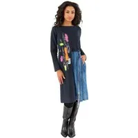 Gio Milano Jeanskleid G29-5102, Denim mit Pinselstrichprint seitliche Öse mit Ziergürtel