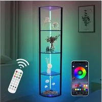XIIW Eckregal LED Bücherregal Holz Regal Stehlampe Stehend Standregal Eckvitrine, 5 Stufige 162x30x30cm Kaltesweiß Warmweiß RGB, Dimmbar mit App & FB für Wohnzimmer, Schlafzimmer