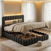 PXloue Polsterbett Doppelbett Jugendbett (ohne Matratze), Stauraumbett, Bettkasten, LED-Beleuchtung, USB-Anschluss, 140x200 cm
