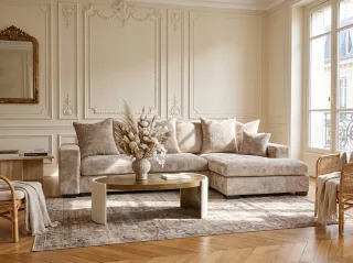 Ecksofa mit Schlaffunktion BENICIO Sofa in Stoff Flow Beige Ottomane Rechts