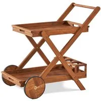 KHG Servierwagen aus Akazie-Massivholz braun auf Rollen, (Servierwagen mit 2 Ablagen, obere als Tablett nutzbar, Flaschenhalter, wetterfest geölt 51x76x81,5 cm)