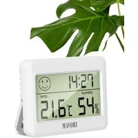 MAVORI Hygrometer und Thermometer digital mit Uhr - sehr zuverlässig, (1-St., Hygrometer und Thermometer mit Uhr, Batterie, Bedienungsanleitung), Thermometer mit Luftfeuchtigkeit und Uhrzeit inkl. Komforindikator