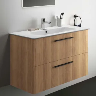 Ideal Standard i.life A Möbelwaschtisch-Paket K8746NX 104x46x64,5cm, 1 Hahnloch, Griff schwarz matt, Eiche natur