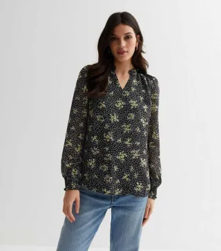 Dobby Floral Geraffter Ausschnitt Langarm Bluse
