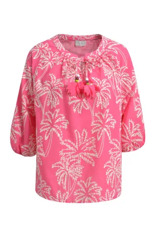 Milano Italy - 3/4 raglan sleeve blouse w neckpanel + slit pink print - Gr. - 38