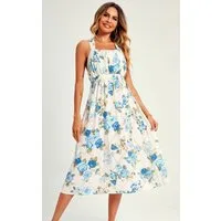 FS Collection Trägerkleid Damen Sommerkleid Midikleid Blumenkleid Trägerkleid Rückenfrei (S (UK 8–10 / EU 36–38), M (UK 10–12 / EU 38–40), L (UK 12–14 / EU 40–42) Rückenfrei, gekreuzte Träger, Blumenmuster, elastische Taille