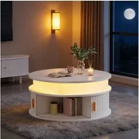OKWISH Couchtisch 75x52x75 cm höhenverstellbar mit LED-Beleuchtung – rund (Packung, 1-St., mit zwei Rolltüren), Ein Weiß Tisch mit verstecktem Stauraum, Hochglanztisch