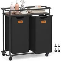 VASAGLE Wäschetruhe mit Rollen, Wäschekorb 2 Fächer, 100 L, 6 Etiketten, Waschküche, Wäschesortierer mit Ablage, Wäschewagen, abnehmbare Taschen