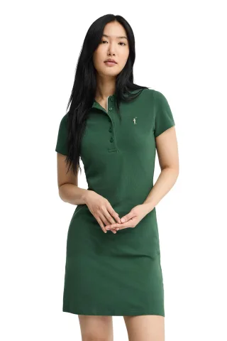Kurzes Kleid flaschengrün mit kurzen Ärmeln, Polokragen und Rigby Go Logo