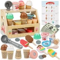 LaCute Spielküche Holz Eisdiele Spielset 36-teilig Kinder Eisstand Zubehör Kaufladen Holz, Realistisches Rollenspiel fördert Kreativität Sprache Sozialverhalten